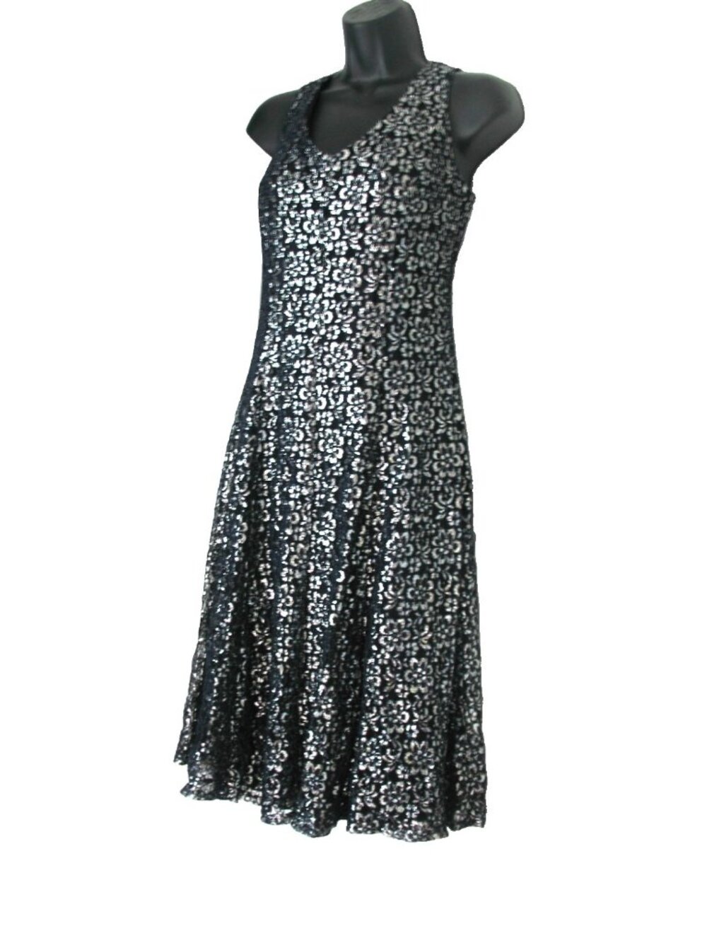 J. Taylor  Black Metallic Floral Fit & Flare Dress Size 12, Lined.